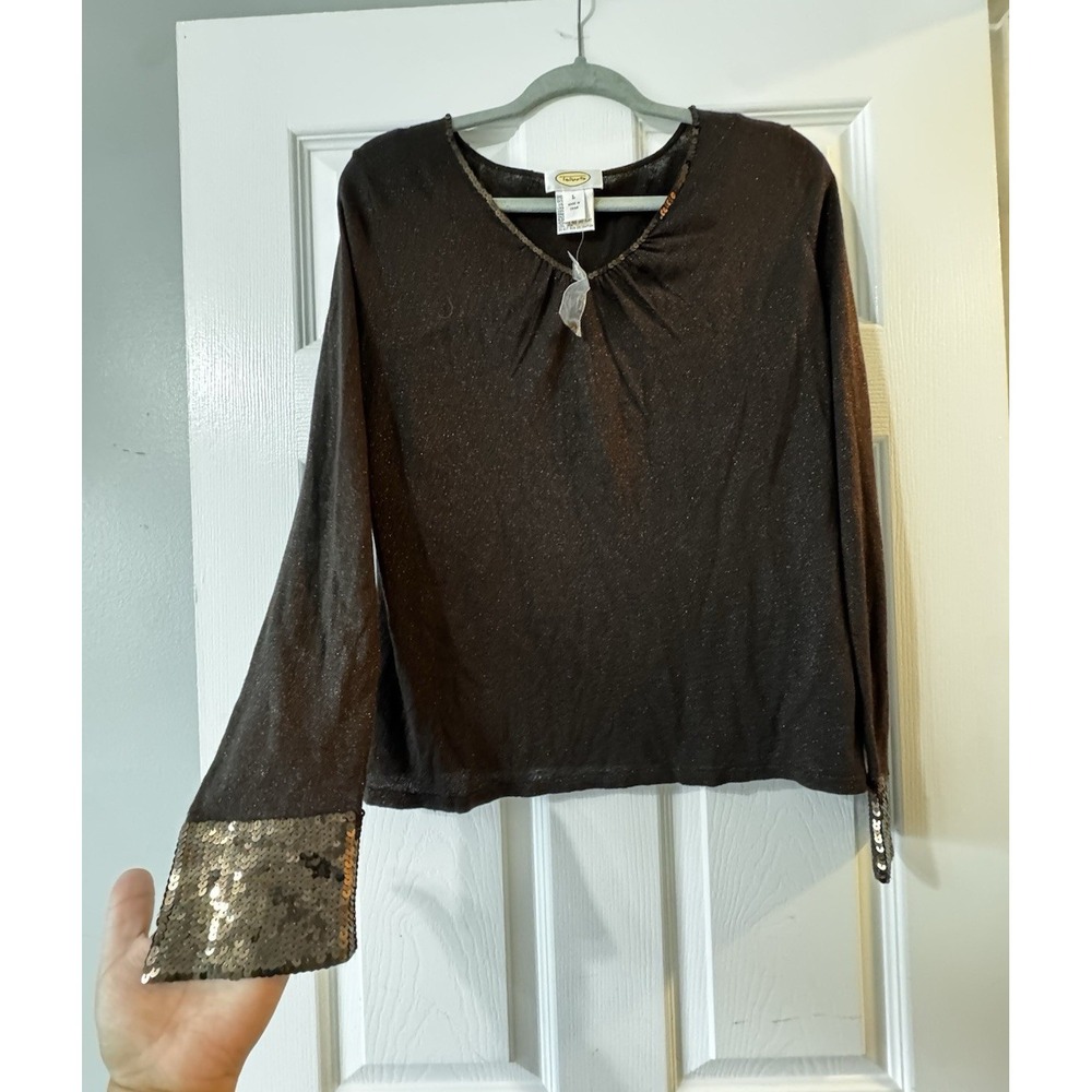 Talbots Womens Black Cotton Knit Sequin Trim Pullover Scoop Neck Top Large